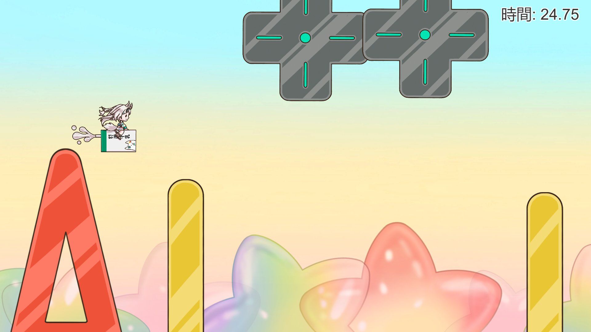 FlappyMizuki 的遊戲畫面:Q 版角色坐在飛行的牛奶盒上,穿過糖果造型的障礙物,右上角是計時。